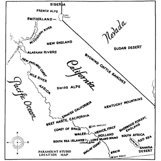 A 1927 map of substitute filming locations in California